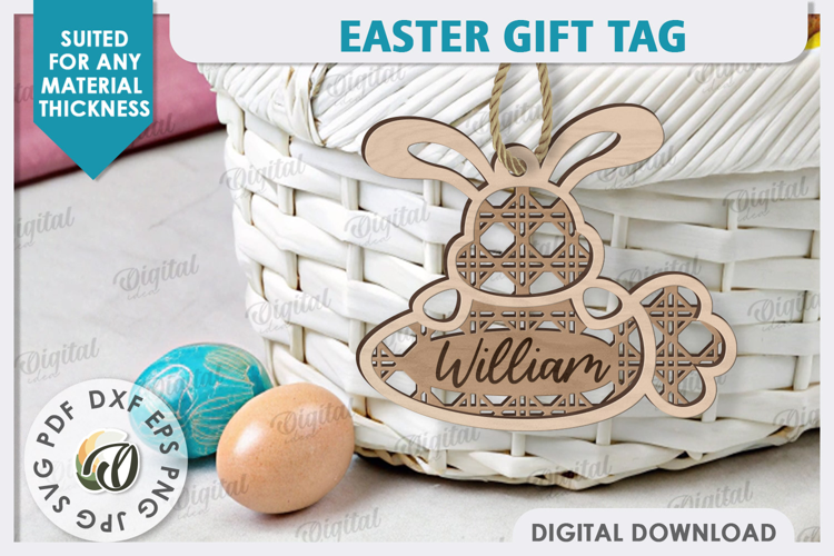 Easter Gift Tag LaserCut. Personalized Basket Tag. Bunny SVG
