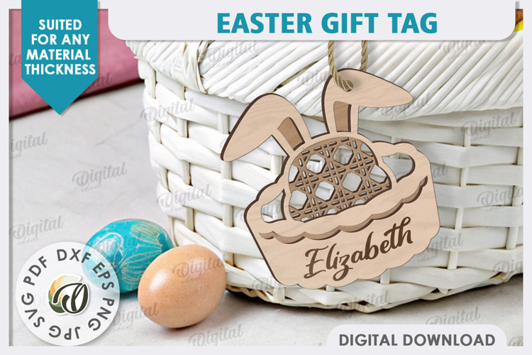 Easter Gift Tag LaserCut. Personalized Basket Tag. Bunny SVG