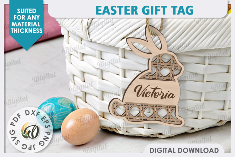 Easter Gift Tag LaserCut. Personalized Basket Tag. Bunny SVG