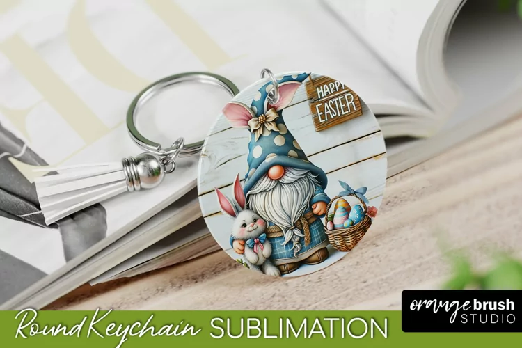 Easter Round Keychain - Bunny Gnome Sublimation Keychain PNG