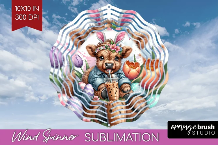 Highland Cow Wind Spinner Sublimation PNG - Easter Cow Round