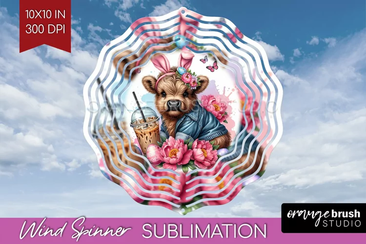 Highland Cow Wind Spinner Sublimation PNG - Easter Cow Round