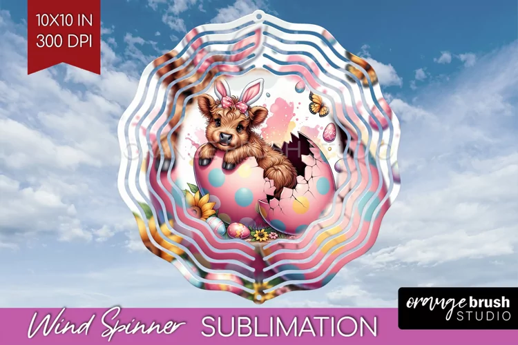Highland Cow Wind Spinner Sublimation PNG - Easter Cow Round