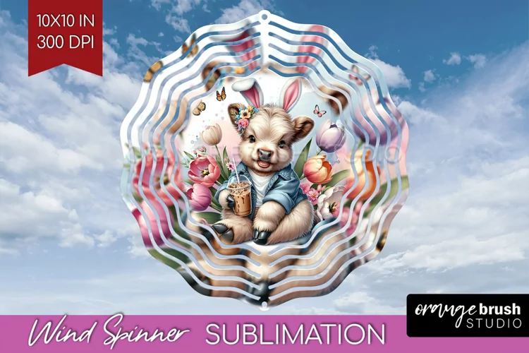 Highland Cow Wind Spinner Sublimation PNG - Easter Cow Round