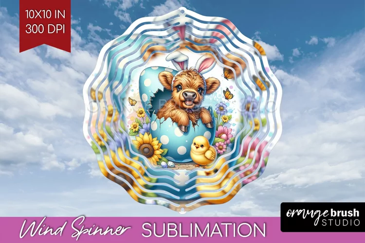 Highland Cow Wind Spinner Sublimation PNG - Easter Cow Round