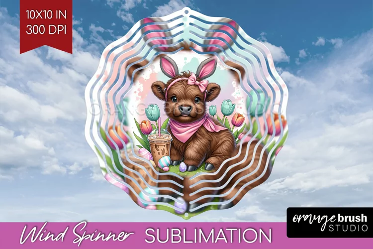 Highland Cow Wind Spinner Sublimation PNG - Easter Cow Round