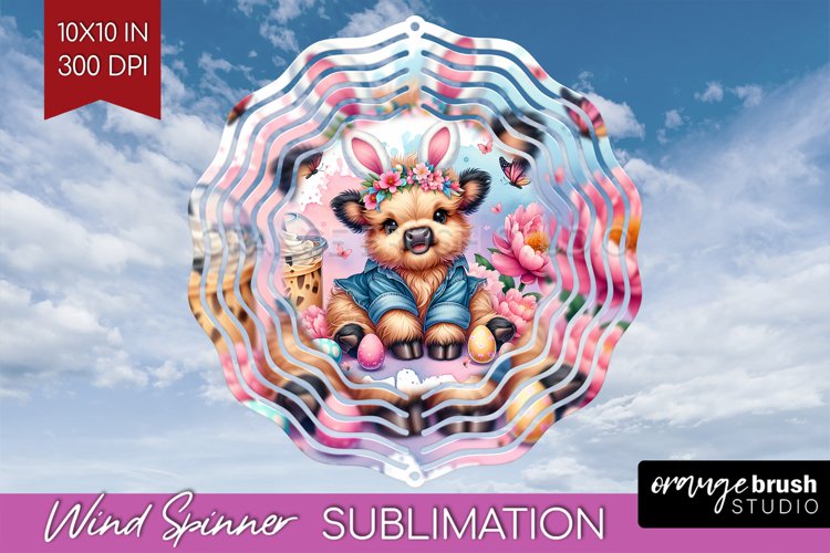 Highland Cow Wind Spinner Sublimation PNG - Easter Cow Round example image 1