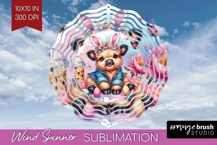 Highland Cow Wind Spinner Sublimation PNG - Easter Cow Round