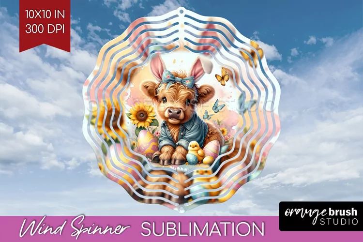 Highland Cow Wind Spinner Sublimation PNG - Easter Cow Round