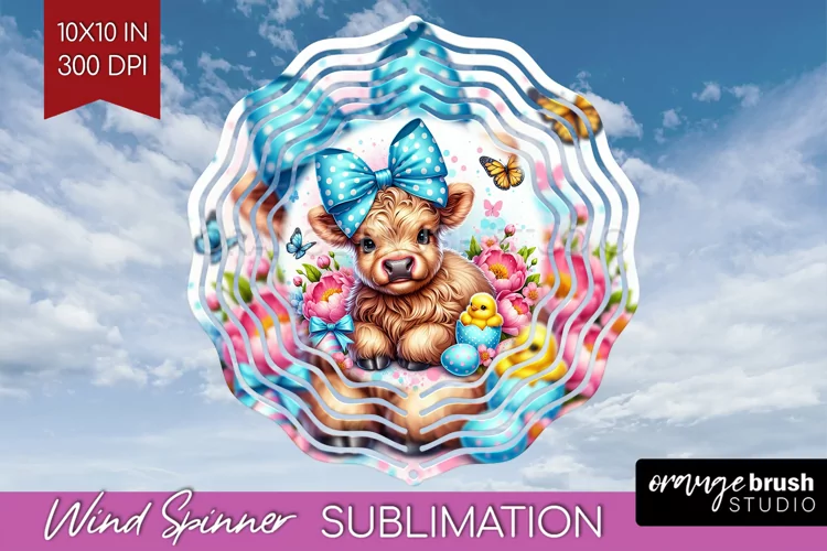 Highland Cow Wind Spinner Sublimation PNG - Easter Cow Round