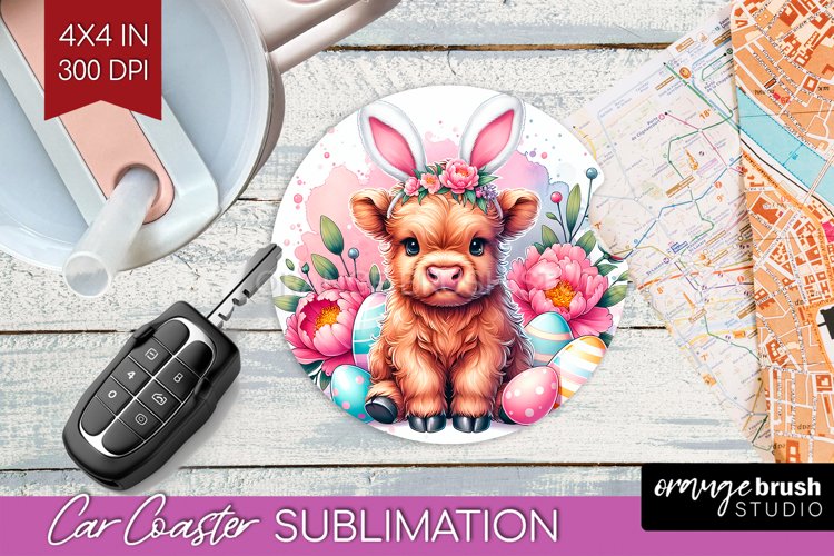 Highland Cow Car Coaster - Easter Cow Coaster PNG example image 1