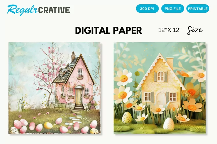 Easter Cottage House Seamless Digital Paper