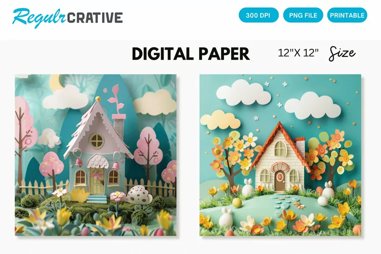 Easter Cottage House Seamless Digital Paper