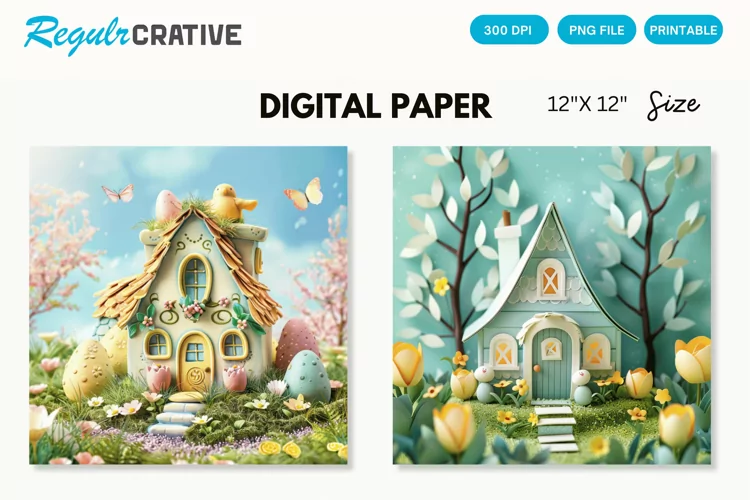 Easter Cottage House Seamless Digital Paper