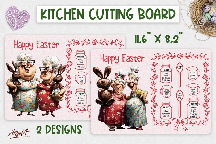 Easter Kitchen chopping board Elderly ladies chocolate bunny