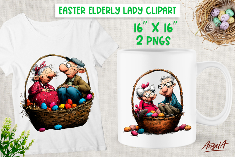 Elderly lady with man in Easter basket with eggs clipart PNG