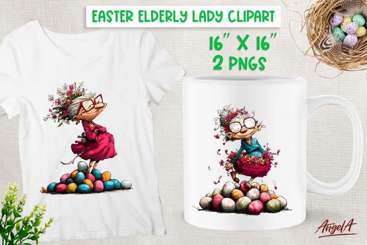 Funny Elderly lady with eggs Easter clipart Grandmother PNG