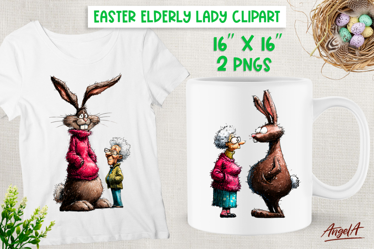 Easter clipart Funny Elderly lady with Bunny PNG