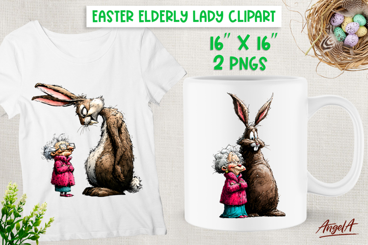 Easter clipart Funny Elderly lady with Bunny Humor adult PNG