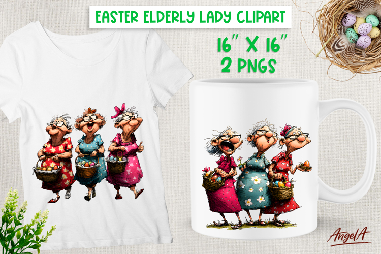 Easter clipart Happy Elderly ladies basket eggs Friendship