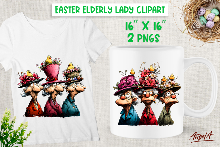 Easter clipart Happy Elderly lady with best friends Humor