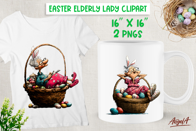 Easter clipart Funny lady in basket with eggs Bunny ears PNG