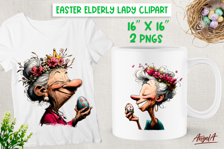 Easter clipart Funny elderly lady with egg Spring Wreath PNG