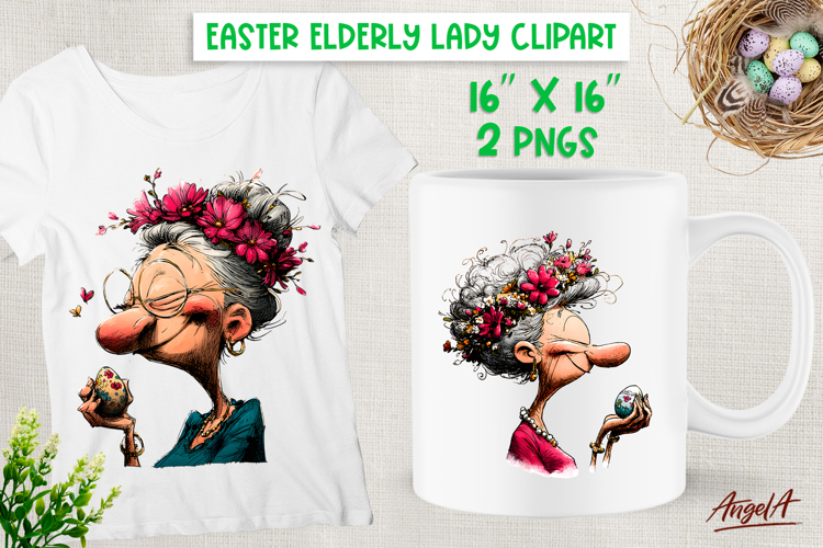 Easter clipart Funny elderly lady with egg Floral Wreath PNG