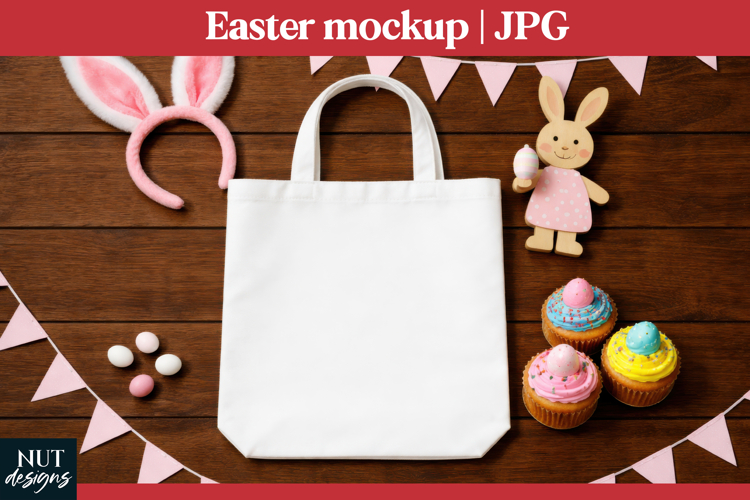 Flat lay White tote bag Mockup JPG Easter tote bag