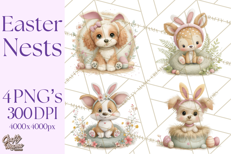 Watercolor Easter Animals Clipart, Cute Animals in Nests Png