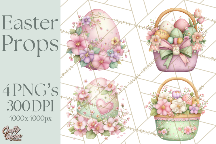 Easter Props Clipart PNG, Cute Easter Icons, Eggs Baskets