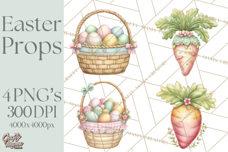 Easter Props Clipart PNG, Cute Easter Icons, Eggs Baskets