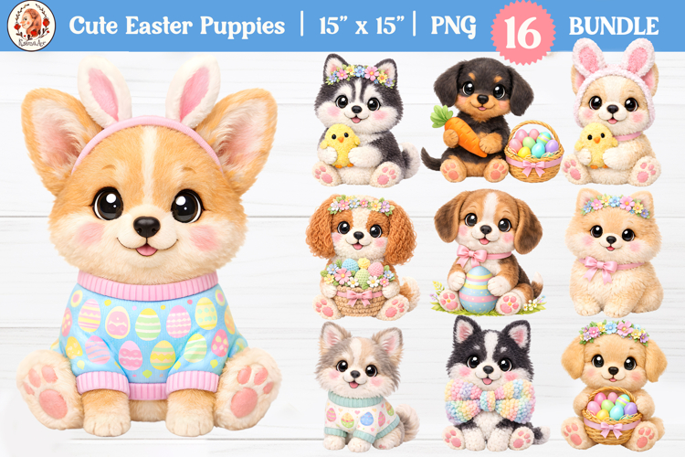 Cute Easter Puppies Clipart Bundle