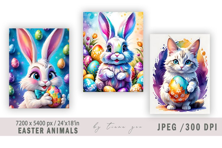 Easter bunny and cat illustration for greeting cards- 3 Jpeg