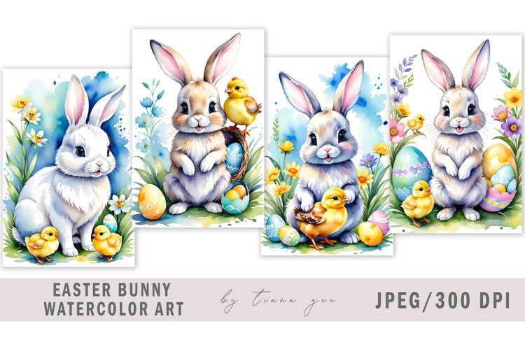 Cute watercolor Easter bunny illustration for prints- 4 Jpeg example image 1