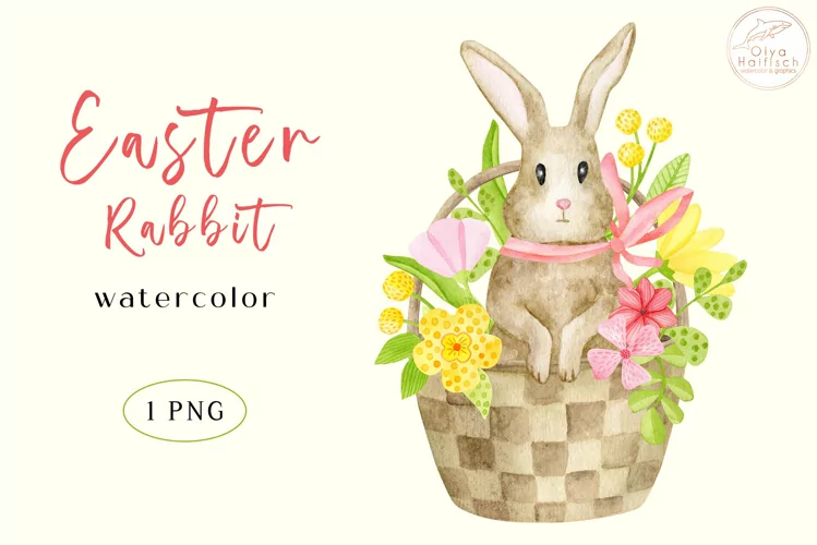 Watercolor Spring Rabbit in Basket Clipart. Easter Bunny PNG