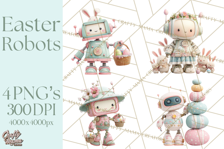 Easter Robot Clipart, Pastel Full-Body Robot Illustration