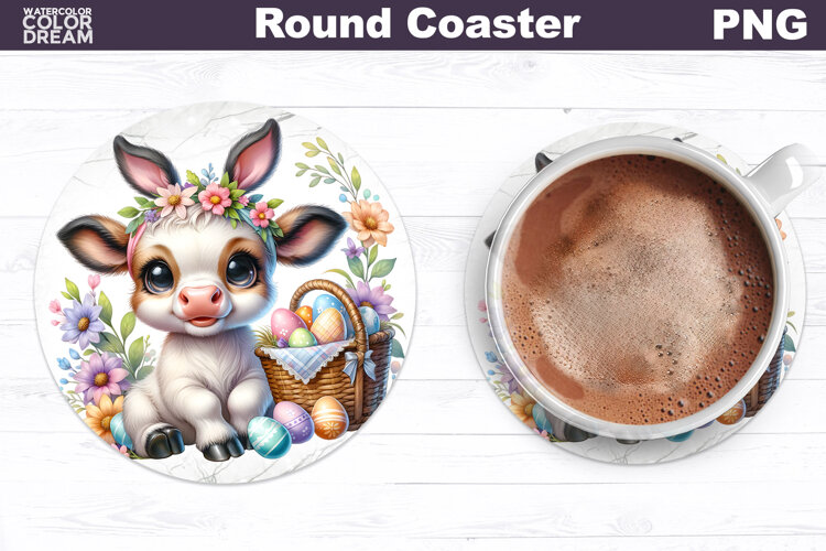 Cute Cow Round Coaster | Easter Animal Coaster example image 1