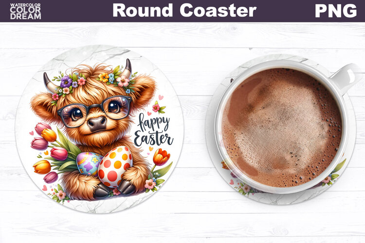 Highland Cow Round Coaster | Easter Animal Coaster example image 1