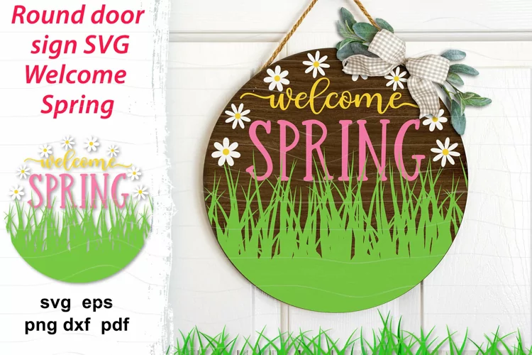Welcome spring round sign svg| Spring door hanger svg flower