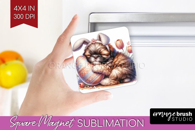 Easter Dog Magnet Sublimation - Cute Puppy Square Magnet PNG
