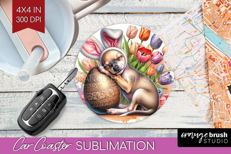 Easter Dog Car Coaster - Cute Puppy Coaster PNG Sublimation example image 1