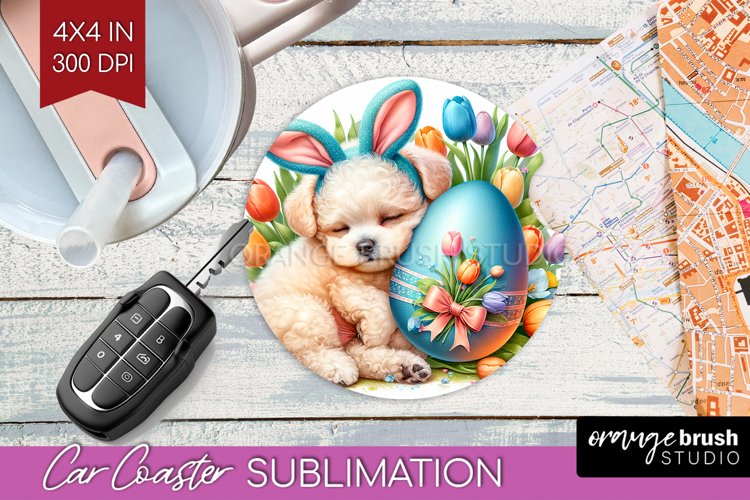 Easter Dog Car Coaster - Cute Puppy Coaster PNG Sublimation