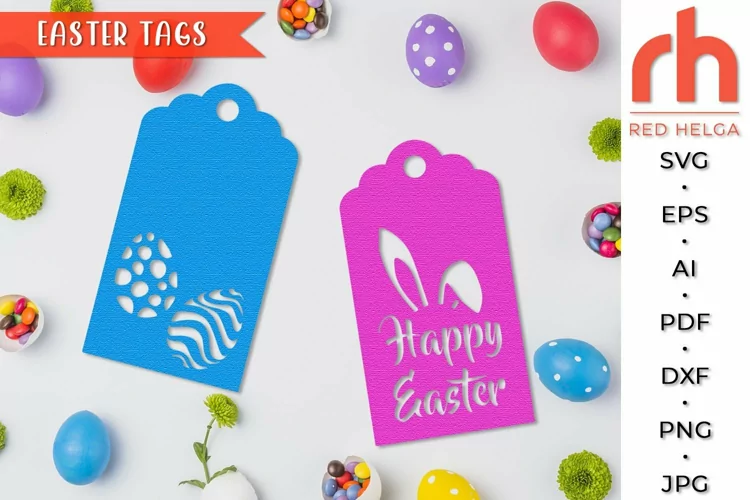 Happy Easter Tags SVG, Eggs Tags Cut File, Bunny Ears Label