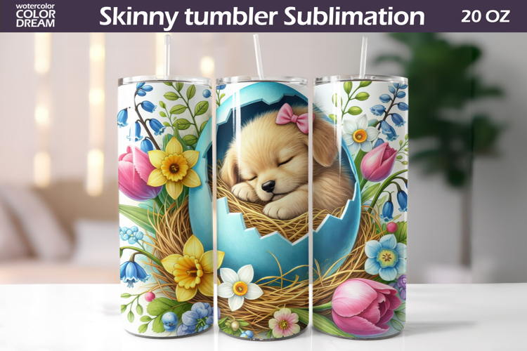 Easter Puppy Tumbler Wrap PNG | Spring Floral Sublimation
