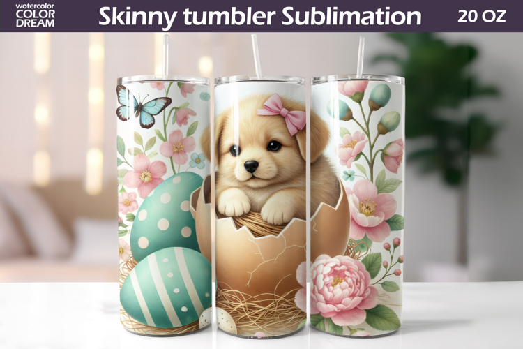 Easter Puppy Tumbler Wrap PNG | Spring Floral Sublimation