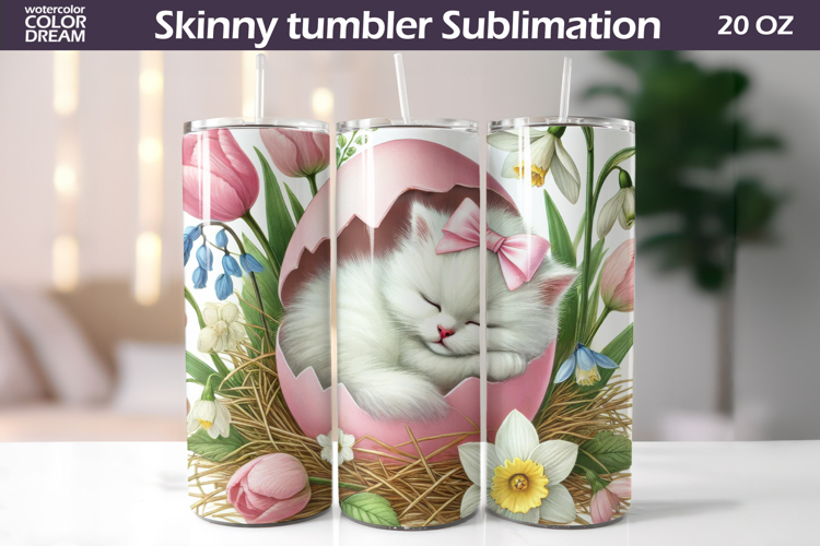 Easter Cat Tumbler Wrap | Spring Kitty Floral Sublimation