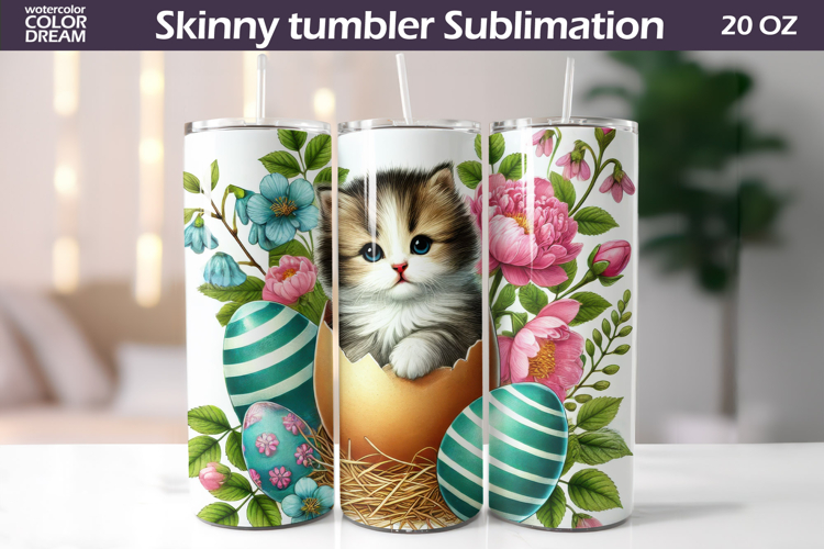Easter Cat Tumbler Wrap | Spring Kitty Floral Sublimation