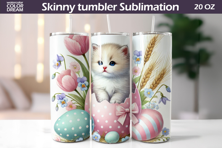 Easter Cat Tumbler Wrap | Spring Kitty Floral Sublimation