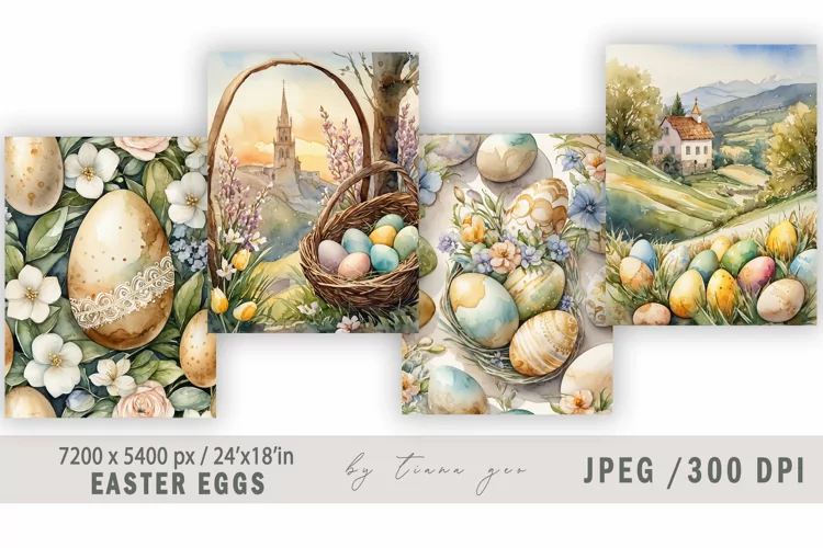 Easter eggs vintage watercolor illustrations - 4 Jpeg files